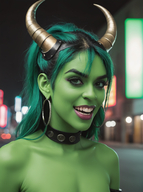 1woman blurry blurry_background blurry_foreground depth_of_field earrings fangs green_hair horns jewelry looking_at_viewer open_mouth realistic solo teeth // 968x1296 // 1.3MB