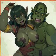 1man 1woman bangs bound breast_grab breasts breasts_apart colored_skin dark_nipples deep_skin fangs gloves goblin grabbing grabbing_from_behind green_eyes green_hair green_skin groping hetero long_hair long_pointy_ears looking_at_viewer medium_breasts nipples open_mouth orc outside_border pointy_ears pubic_tattoo red_skin scar_on_face sorc_fondle tattoo teeth thighhighs // 528x528 // 84.8KB