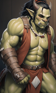 1man abs bara bare_pectorals belt biceps black_hair bulge colored_skin earrings horns jewelry large_pectorals male_focus manly muscular muscular_female muscular_male necklace nipples pectorals piercing pointy_ears solo topless_male // 840x1408 // 1.3MB