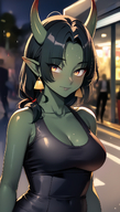 1woman bangs bare_shoulders black_hair blurry blurry_background breasts cleavage collarbone colored_skin dark_orc depth_of_field earrings eyebrows_visible_through_hair green_skin horns jewelry large_breasts long_hair looking_at_viewer oni pointy_ears purple_skin red_oni red_skin smile solo tank_top upper_body // 800x1408 // 1.1MB