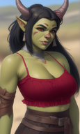1woman bare_shoulders belt black_hair blurry blurry_background breasts choker cleavage colored_skin corset dragon_horns earrings horns jewelry large_breasts lips long_hair looking_at_viewer makeup nose pointy_ears red_eyes solo // 840x1408 // 1.1MB