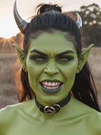 blurry blurry_background blurry_foreground collar colored_skin depth_of_field green_skin horns looking_at_viewer neck_bell pointy_ears sharp_teeth solo teeth // 928x1240 // 1.3MB