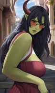 1woman bare_shoulders black-framed_eyewear black_hair blush breasts building colored_skin day glasses horns large_breasts lips long_hair looking_at_viewer makeup parted_lips pointy_ears red_eyes sky solo // 840x1408 // 1.2MB