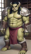 1man abs armor bandages beard bulge facial_hair fur_trim long_hair male_focus muscular navel nipples orc pauldrons pectorals pointy_ears shoulder_armor smile solo stomach thighs // 800x1408 // 1.2MB